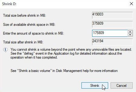 Shrink Drive D - add more space to partition windows