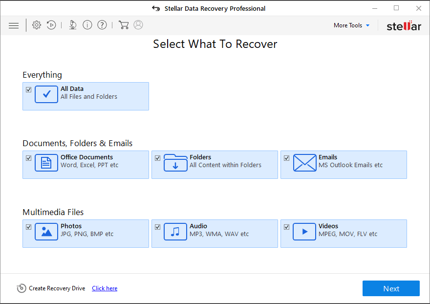 Select What to Recover - free unlimited data recovery software