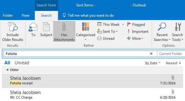 MS Outlook Search Function