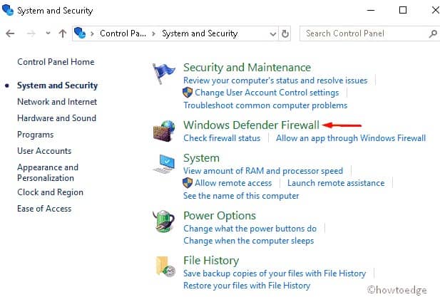 select the Windows Defender Firewall option - update error 0x800f0922