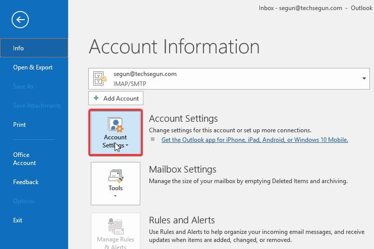 click account settings - how to fix outlook smtp error